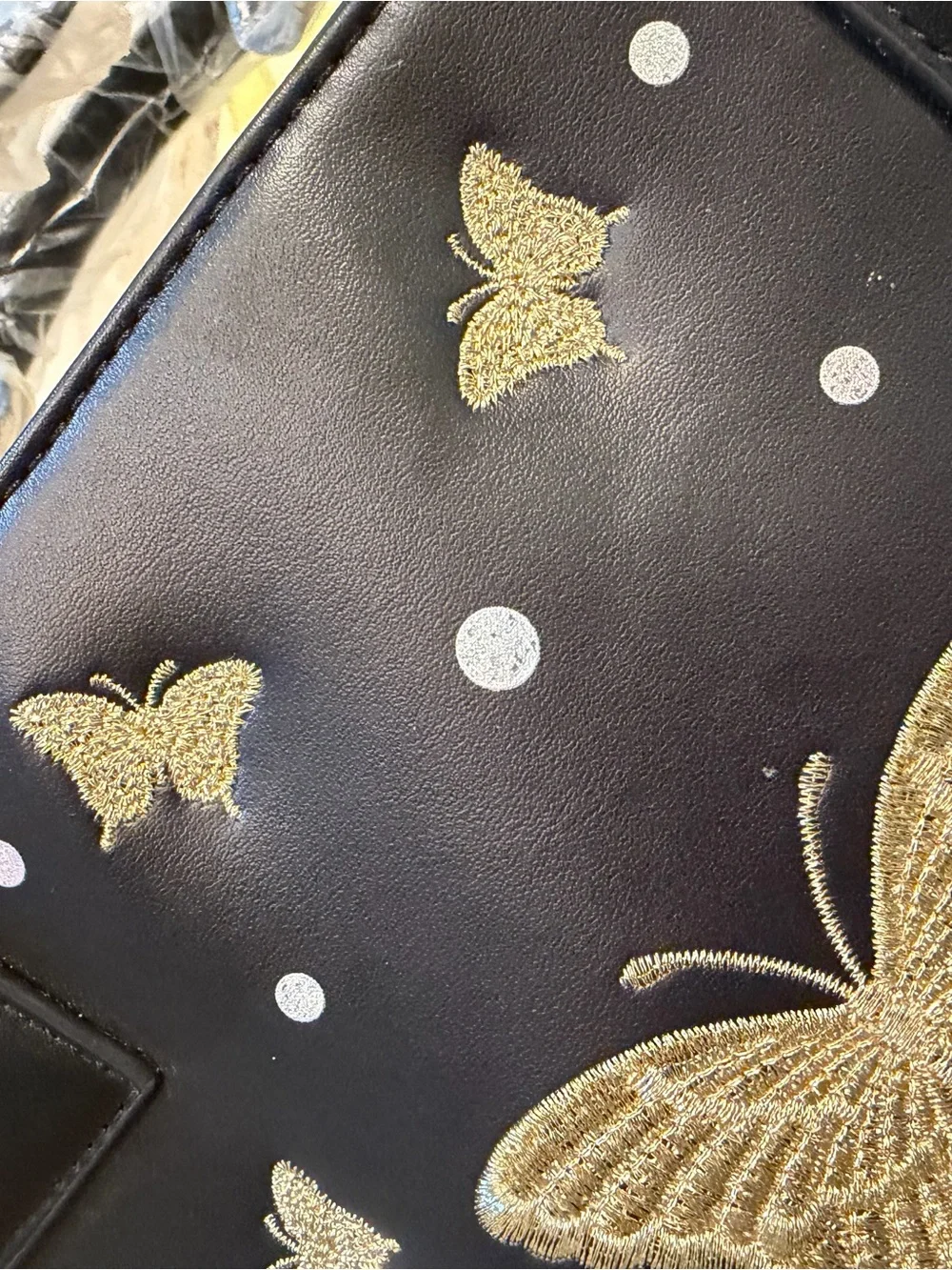 Loungefly Black Tote with Blue & Purple Butterfly Accents and Yellow Strap